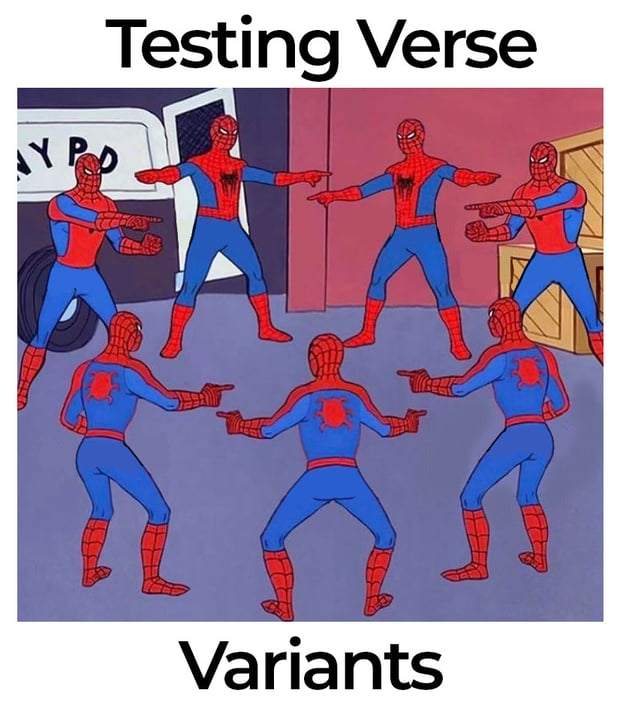 Testing-verse variants spiderman pointing at each other 