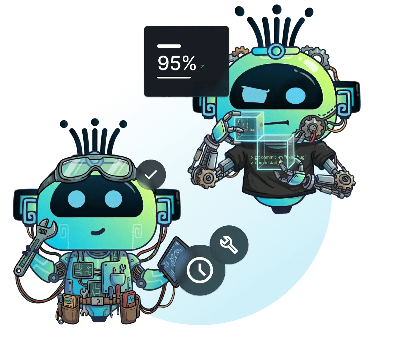 Two cartoon robots with distinct hairstyles, one with spiky hair and the other with curly hair, stand side by side