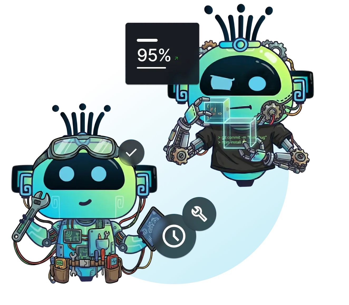 Two cartoon robots with distinct hairstyles, one with spiky hair and the other with curly hair, stand side by side